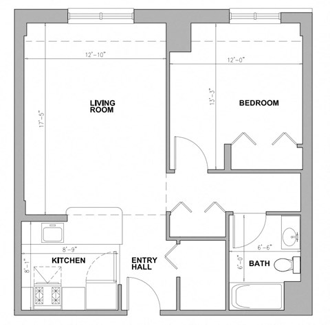 Floor plan for 1 bed, 1 bath, 673 sqft